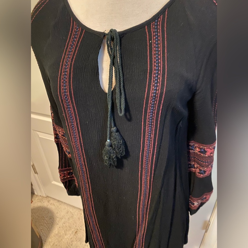 Miss Me Aztec Black Embroidered Long Sleeve Tunic Dress Boho Peasant Sz M - Picture 4 of 6